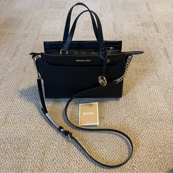 Michael Kors Graham Convertible Crossbody Handbag Satchel Black Leather Gold - Picture 8 of 16